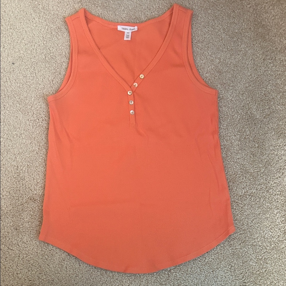 Tribal Jeans Orange Sleeveless ribbed tank with button detail